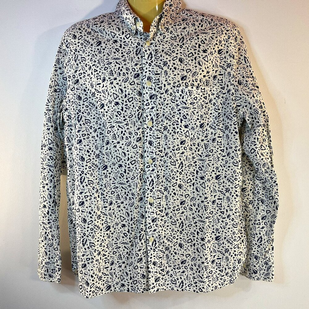 H&M L.O.G.G. Men's White Blue Regular Fit Printed Shirt - Size Medium